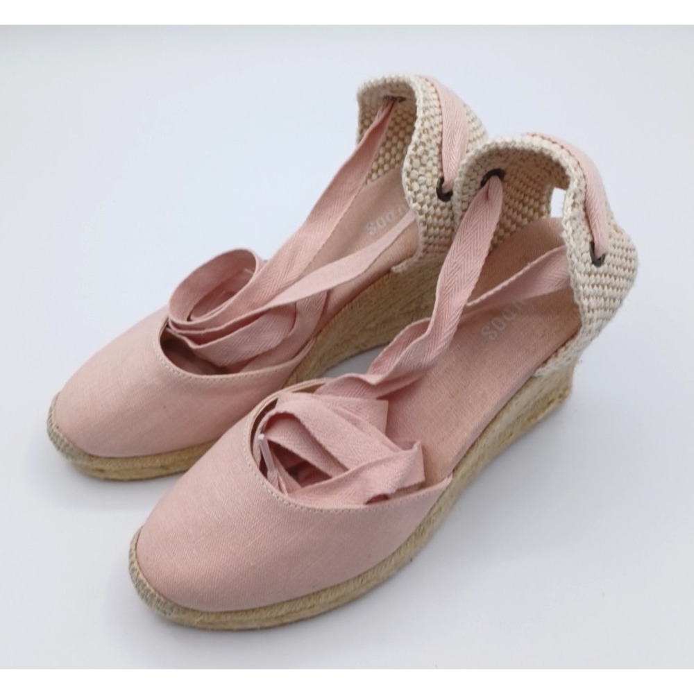 Soludos The Marseille Lace Up Wedge Espadrille PINK Ribbon Women's 5.5 Jute Heel
